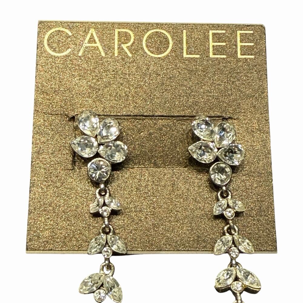Carolee Silver Tone Clear Rhinestone Floral Cluster Dangle Earrings Stud